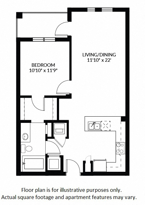 Floor plan for 1 bed, 1 bath, 792 sqft